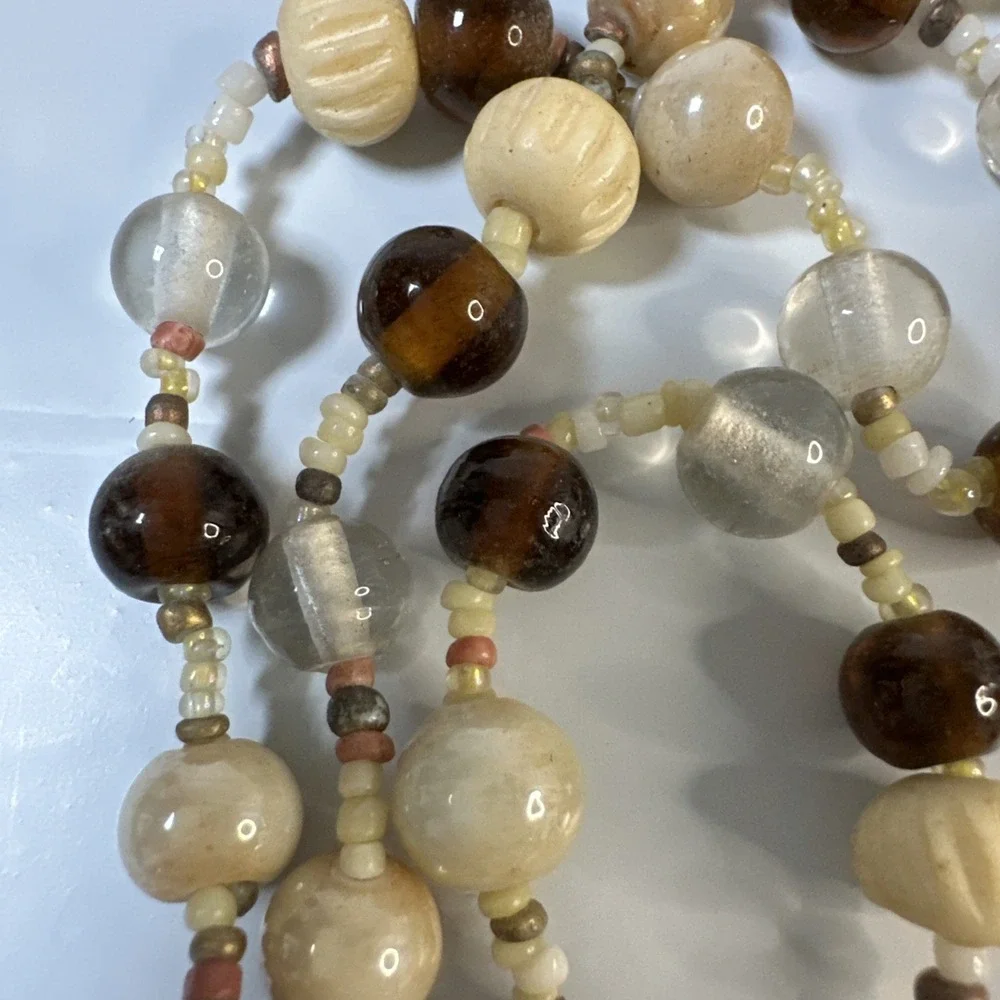 Vintage Boho Statement Necklace 42 Inch Over Head Carved Wood Bead Artisan
